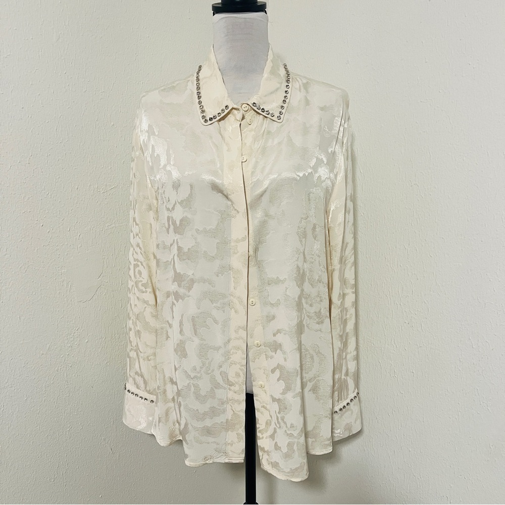Elegant H&M Large Cream Silk Blend Jacquard Floral Pattern Rhinestone Collar